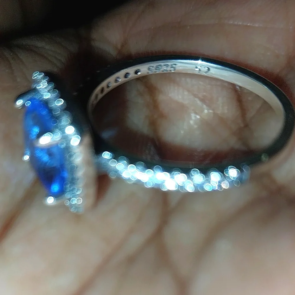 Blue Sapphire 925 Silver Halo Ring with Diamond Accents Sz 6